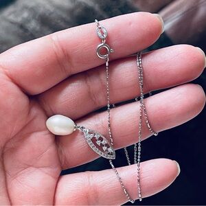 Freshwater Pearl CZ Pendant 925 Sterling Silver 16" Stamped Italy Chain Necklace